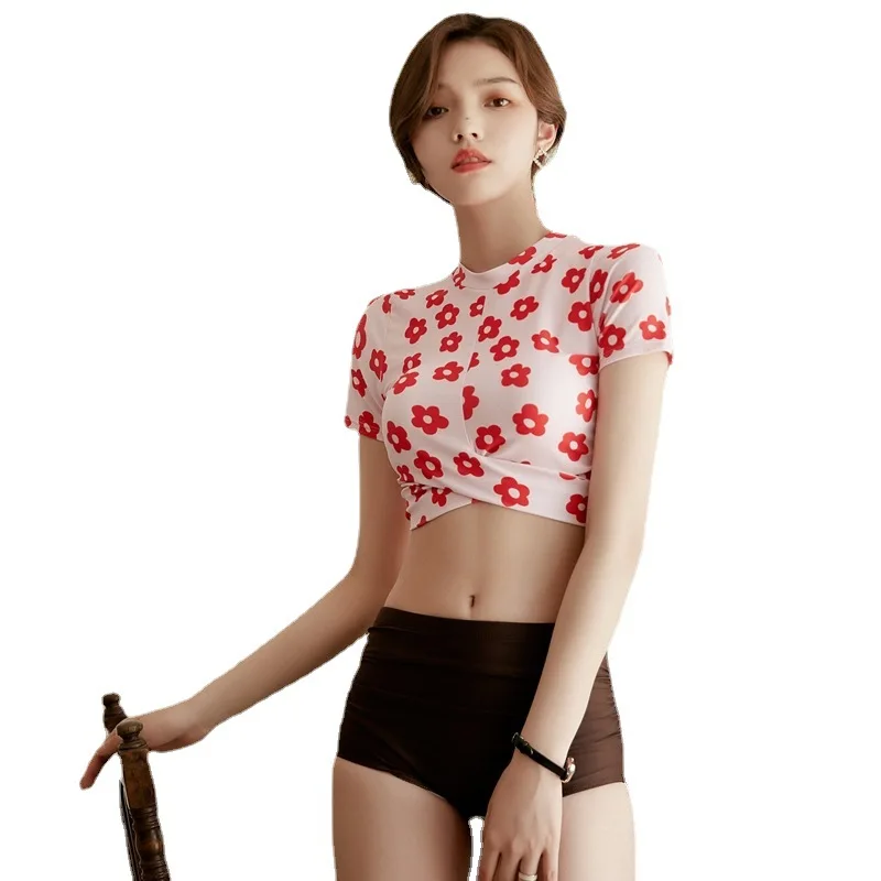 

Pool Swimsuit Bikini 2021 Swimwear With Shorts For Women Mayan Bath Female New Hot Short Sleeve Print Split Polyester Sierra