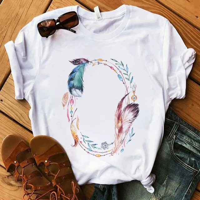 

Summer T-shirt Women Dream Catcher T-shirt Harajuku Flower O Neck Top Female Kawaii Retro Summer Ladies Short Sleeves Top