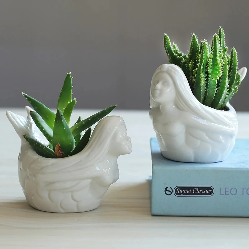 

Korean Mermaid Ceramic Succulent Flowerpot Simple Green Plant Mini Thumb Basin Art Handicraft Home Balcony Creative Gardening