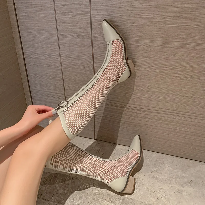 

ZVQ Woman summer Sandals boots Gauze Solid color Fashion New Style Comfortable ring zipper Pointed Toe Concise Genuine Leather