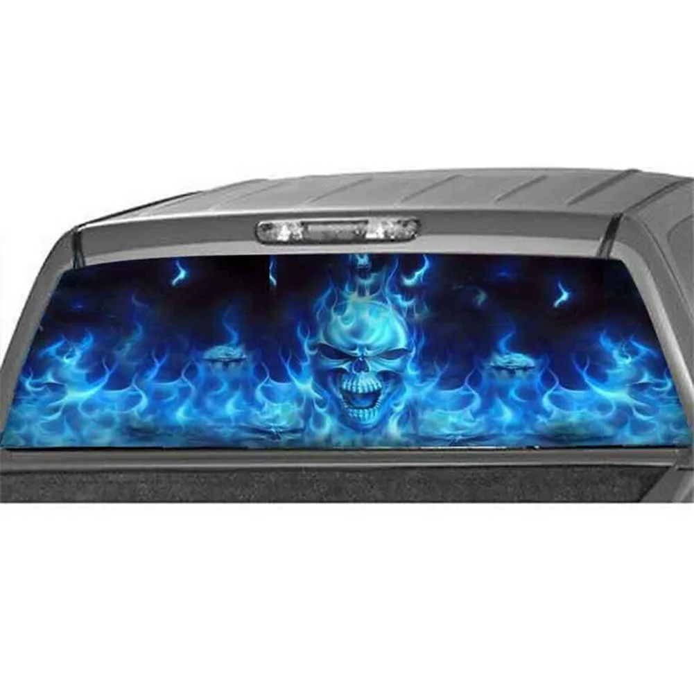 

147x46cm Blue Flaming Skull Rear Window Decal Vinyl Film Car Stickers Waterproof Auto Truck Suv Car Accessories