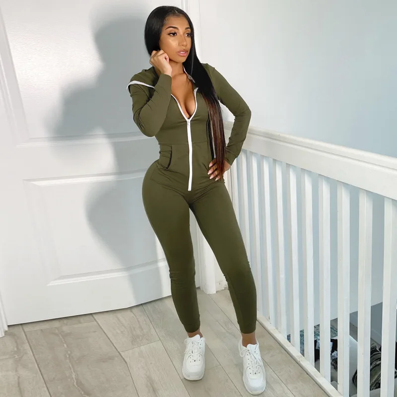 

2021 autumn and winter new women's solid color zipper personality hooded sports fitness jumpsuit
