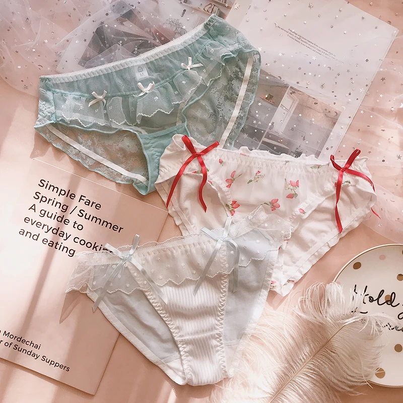 3 шт., японские милые Лолиты для девочек, Kawaii Nets, пряжа с бантом, кружевные трусы принцессы с рюшами, Трусы средней длины, маленькое сказочное нижнее белье, трусы