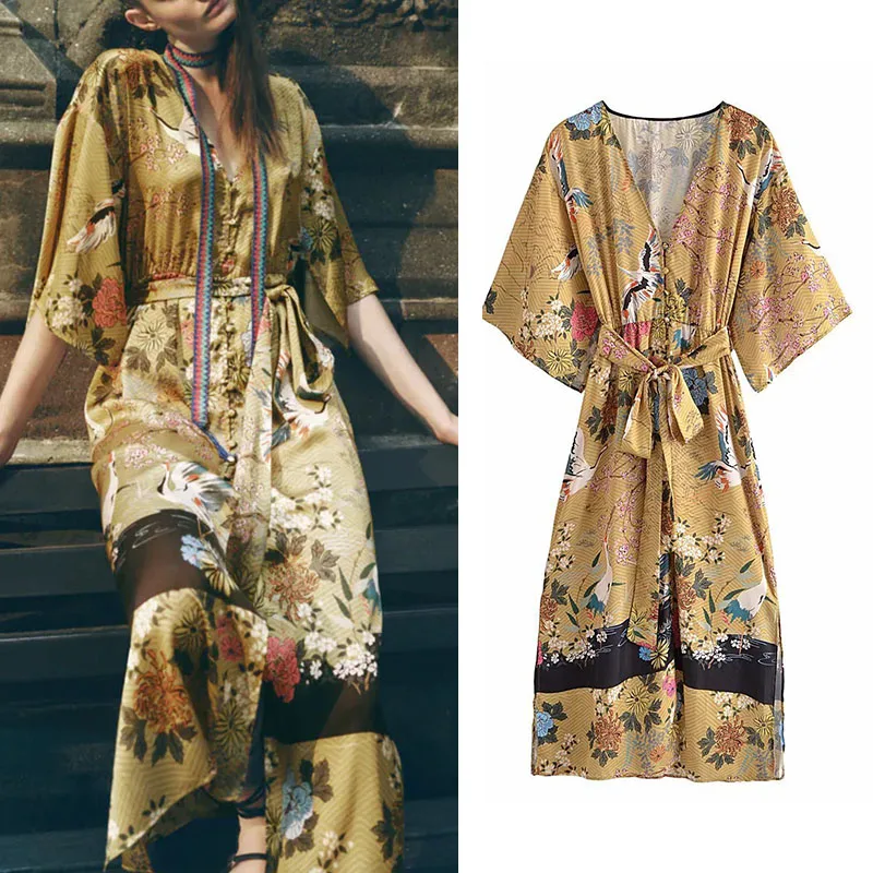 

Женское длинное платье-кимоно ZA, повседневное однобортное платье-трапеция с рукавом до локтя, круглым вырезом и принтом, лето 2021