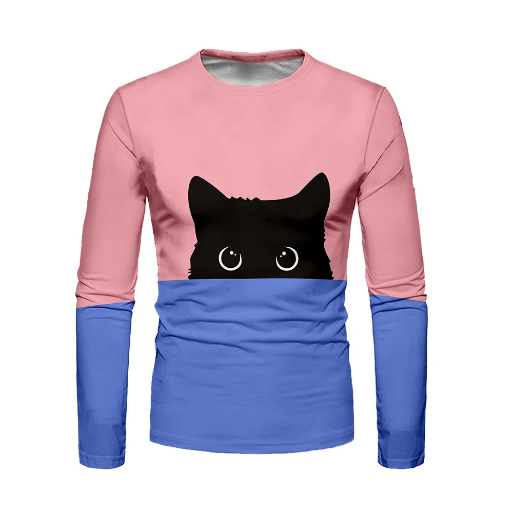 WAMNI белая синяя футболка с котом уличная Kawaii Cat 3D Лоскутная длинная весна осень