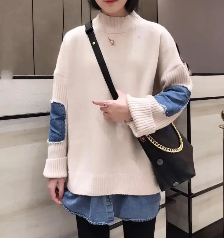 

Fake Two Piece Knit Sweater High neck Stitching Personality Tops Loose Long Sleeve Streetwear Tide Pullover Spring new T140
