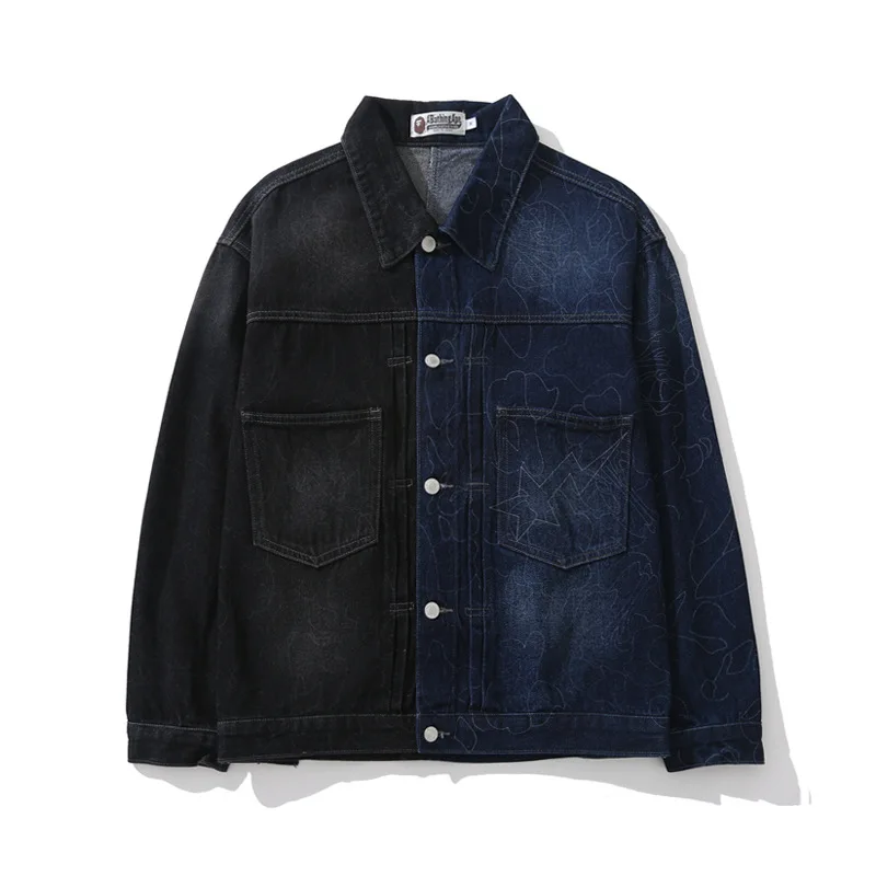 

2021 Tide Brand Black Blue Matching Denim Jacket Winter Men's Buttoned Loose Denim Coat Japanese High Street Shark Denim Jacket