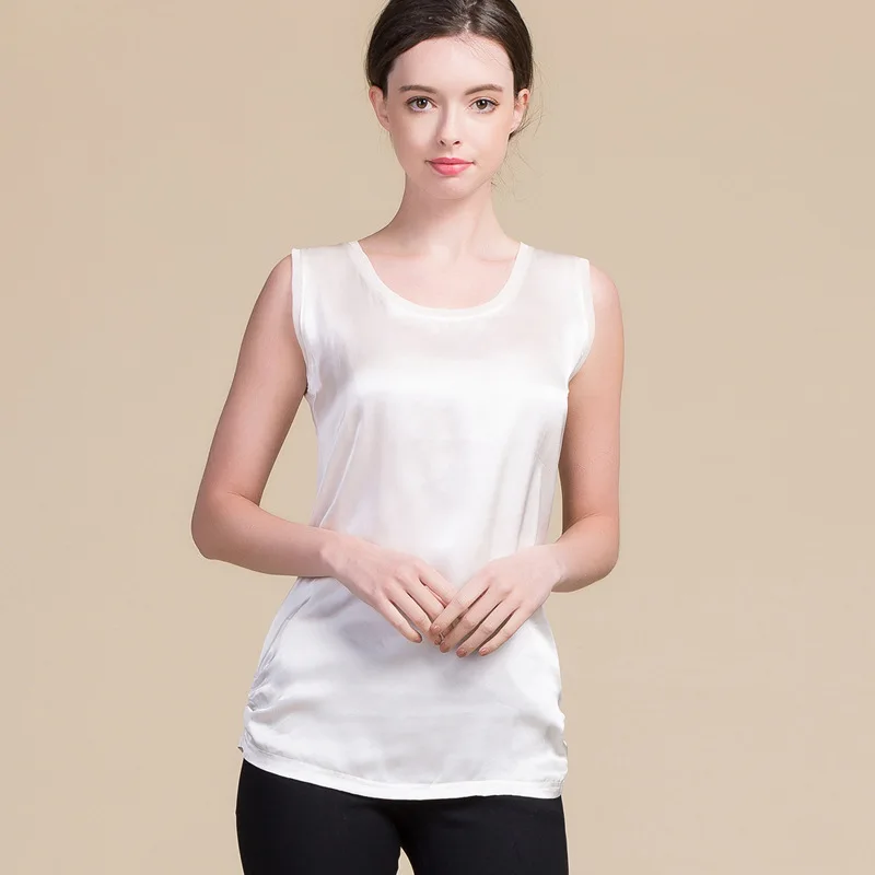 

Korean Style Summer Women 100% Real Silk Tank Tops Casual Knitted Shirts Comfortable Breathable Loose T-shirts 8041