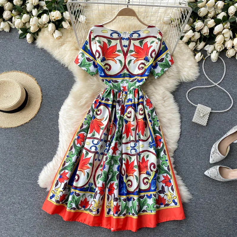 

2021 Fashion Women's Short Sleeve Vintage Print Mid Calf Aline Runway Holiday Dresses for Summer Casual Female Clothing Vestidos