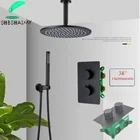Матовый черный латунный Смеситель для душа Термостатический комплект Ceilingd круглый Насадки для душа смеситель для горячей и холодной воды латунный ручной душ с 150 см трубки