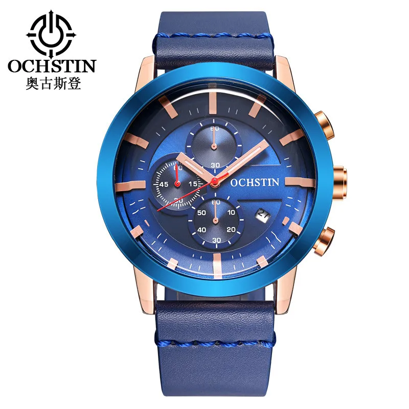 Reloj hombre OCHSTIN модные спортивные часы мужские роскошные многофункциональные хронограф повседневные кожаные наручные часы подарок relogio masculino - Цвет: Rose blue