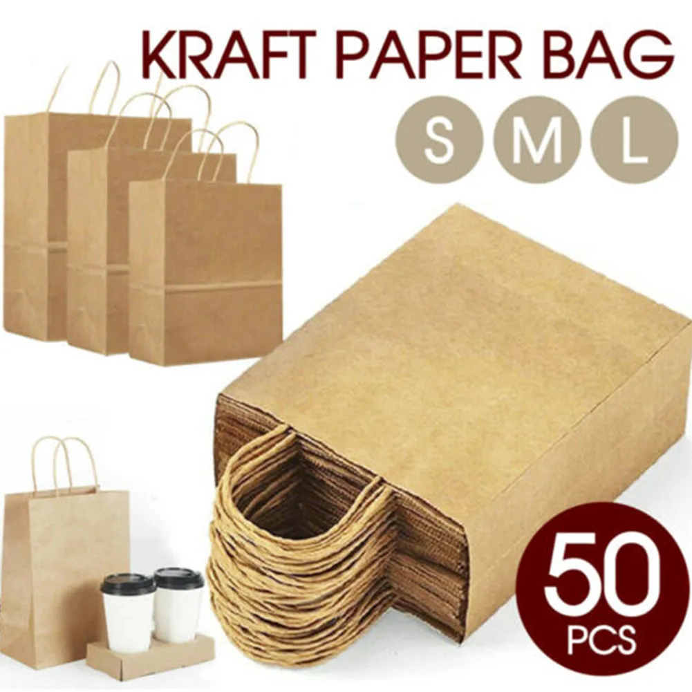 Bolsas de regalo de papel Kraft a granel, bolsa marr&oacute;n artesanal con asas, suministros festivos para fiestas, 50 Uds.-2