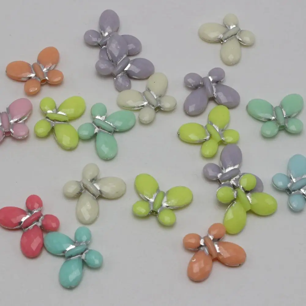 

100 Mixed Color Acrylic Sparkling Silver Colour Butterfly Charm Beads 17X13mm Jewelry