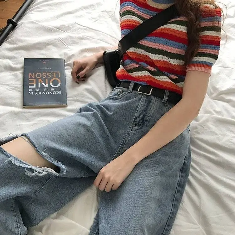 

Large women's straight jeans women's fat mm loose new BF High Waist Wide Leg Pants spring and summer Korean floor dragging pants