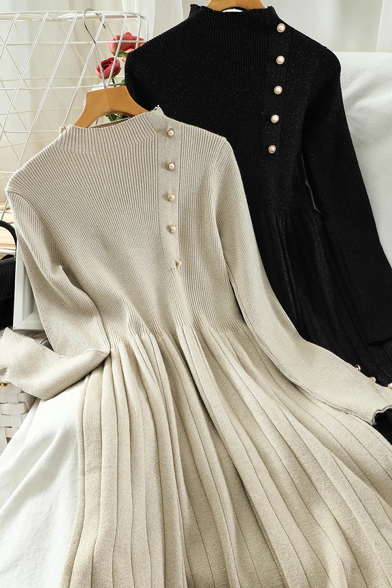 

Vintage Black/Khaki Knitted Mini Dress Autumn Winter Casual Stand Collar Long Sleeve Vestidos Elegant Pleated Dresses New 2020