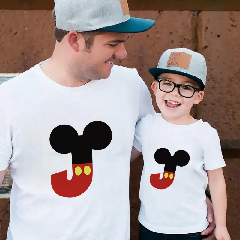 

T Shirt For Father And Son Summer Short Sleeve Casual White O-neck ABC Letters Printed Mickey Mouse Cartoon T-shirts Unisex
