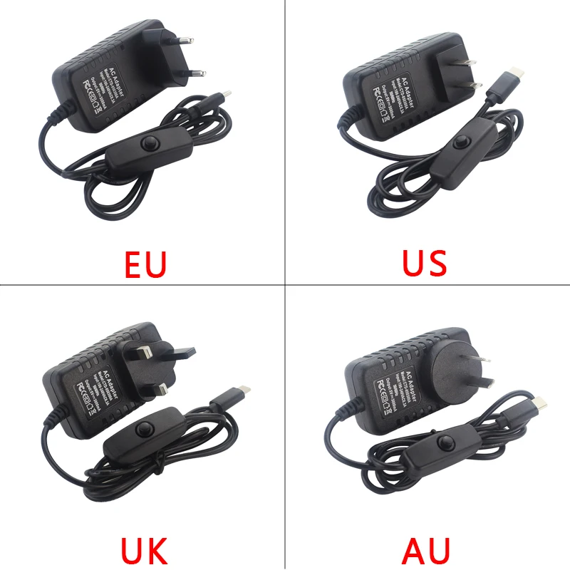 10 шт 5V 3A Мощность адаптер с вкл/выкл переключатель для Raspberry Pi 4 Модель B USB C EU/US/UK AU