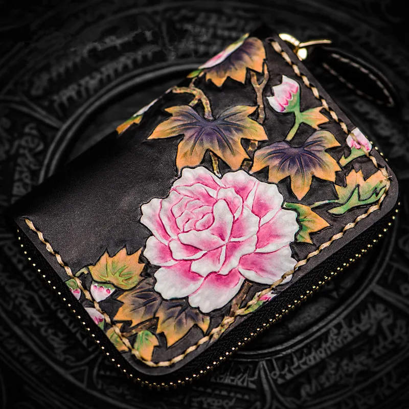 Mini purse women's short zipper Peony wallet ladies genuine leather card holder bag coin purses female leather wallets