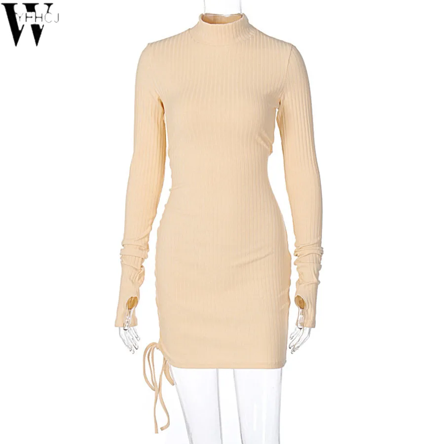 

WYHHCJ Sexy Warm Bodycon Dress Women Autumn/Winter 2020 Turtleneck Draw String Dresses Party Long Sleeve Solid Mini Dress Slim