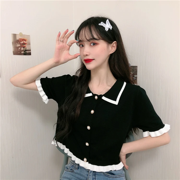

Sweet Style T Shirt for Women Clothing Korean Turn-down Collar Short Sleeve Ladies Tops Single-breasted Ruffles Tees Summer New