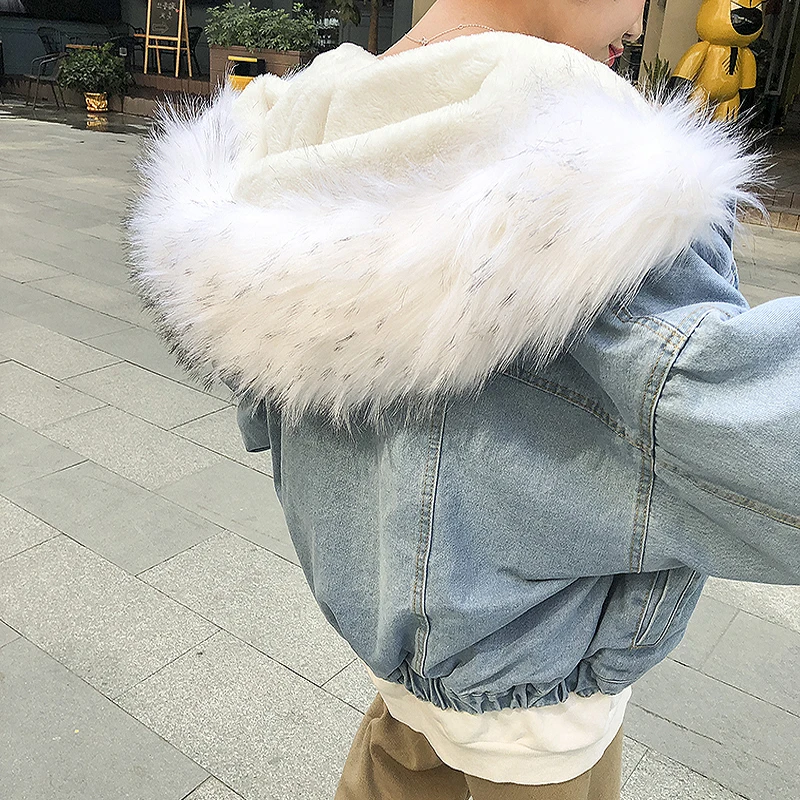 Новинка зимы джинсовая одежда Chaqueta короткая куртка с большим меховым воротником, пальто с искусственным мехом JN902