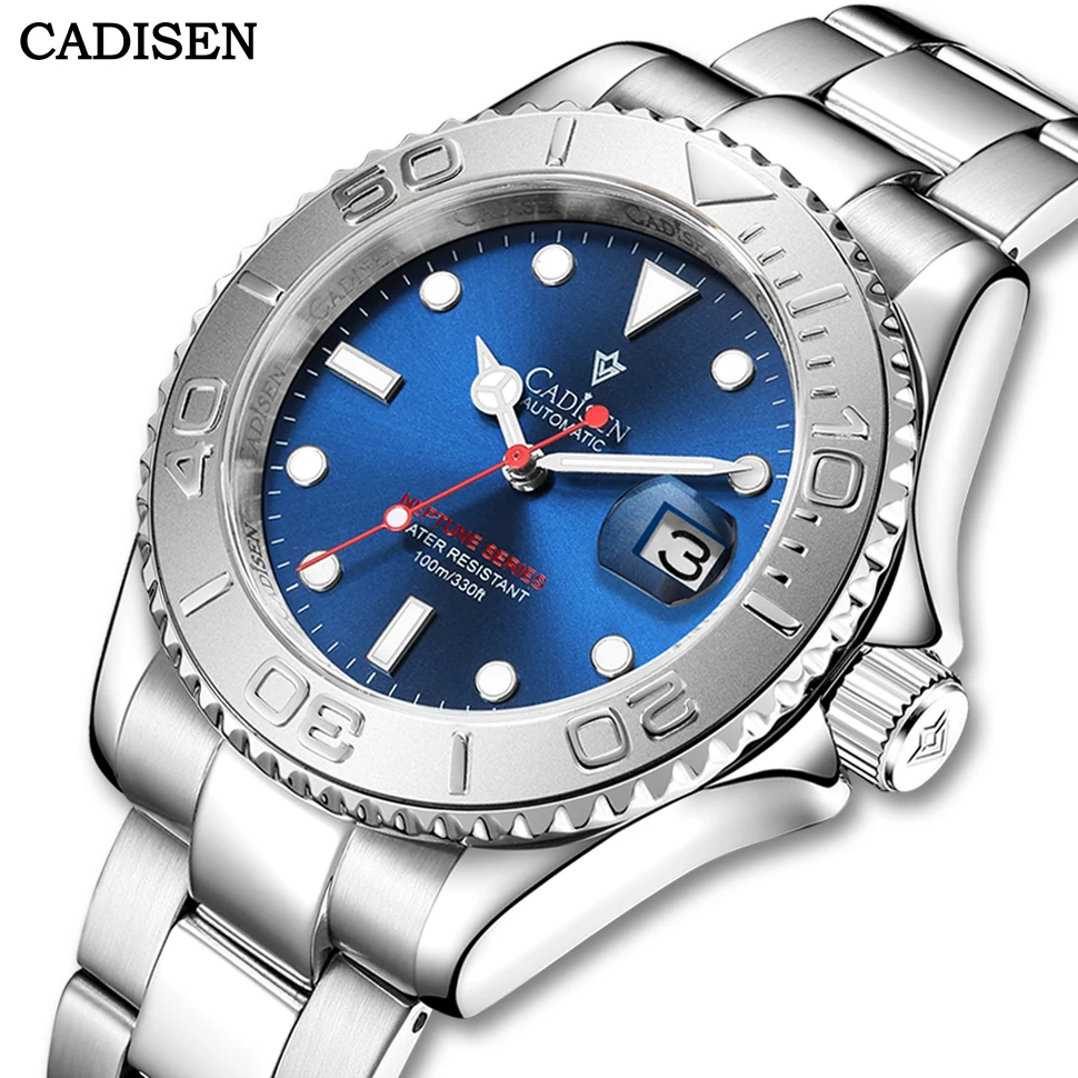 

Мужские механические часы CADISEN NH35 Move t, роскошные стальные автоматические наручные часы с синим циферблатом, сапфировое стекло, водонепрони...