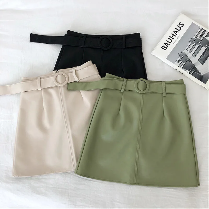

2021 Leather Mini Skirts Women High Waist Solid Color Pu A-line Micro Skirt 2021 Mujer Faldas Matching Belt Streetwear