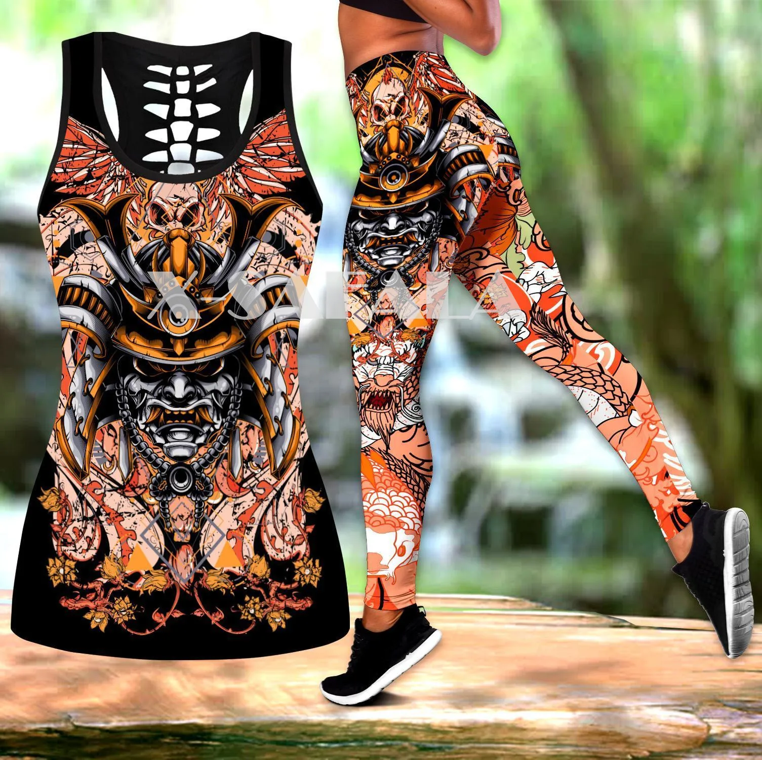 

Samurai Tattoo Art Leggings Two Piece Yoga Set Women 3D Print Vest Hollow Out Tank Top High Waist Legging Summer Casual Sport-2