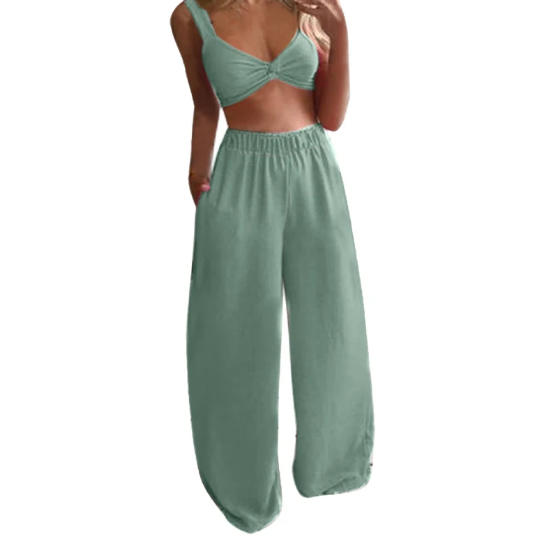 

Crop Top Wide Leg Long Pants Women's Suit Summer Casual Short Tank Tops Trousers Sets Female 2021 Streetwear Lady 2 Pieces Set