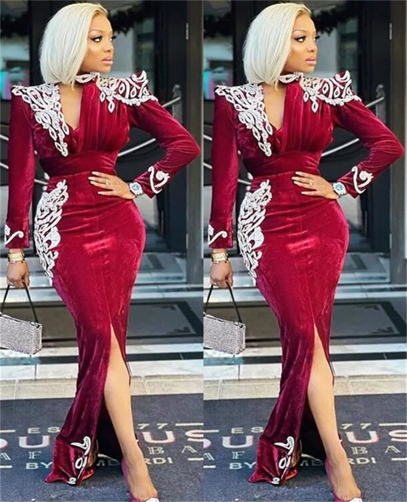 

Plus Size Arabic Aso Ebi Prom Dresses Burgundy Velvet Sexy Sheath Lace Long Sleeves Evening Dress Formal Party Robes De Soirée