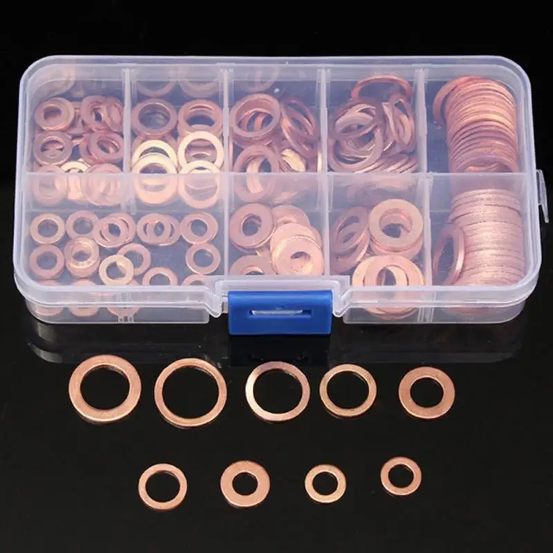 200Ps/box Copper Washer Gasket Nut and Bolt Set Flat Ring Seal Assortment Kit with Box //M8/M10/M12/M14 for Sump Plugs Water |