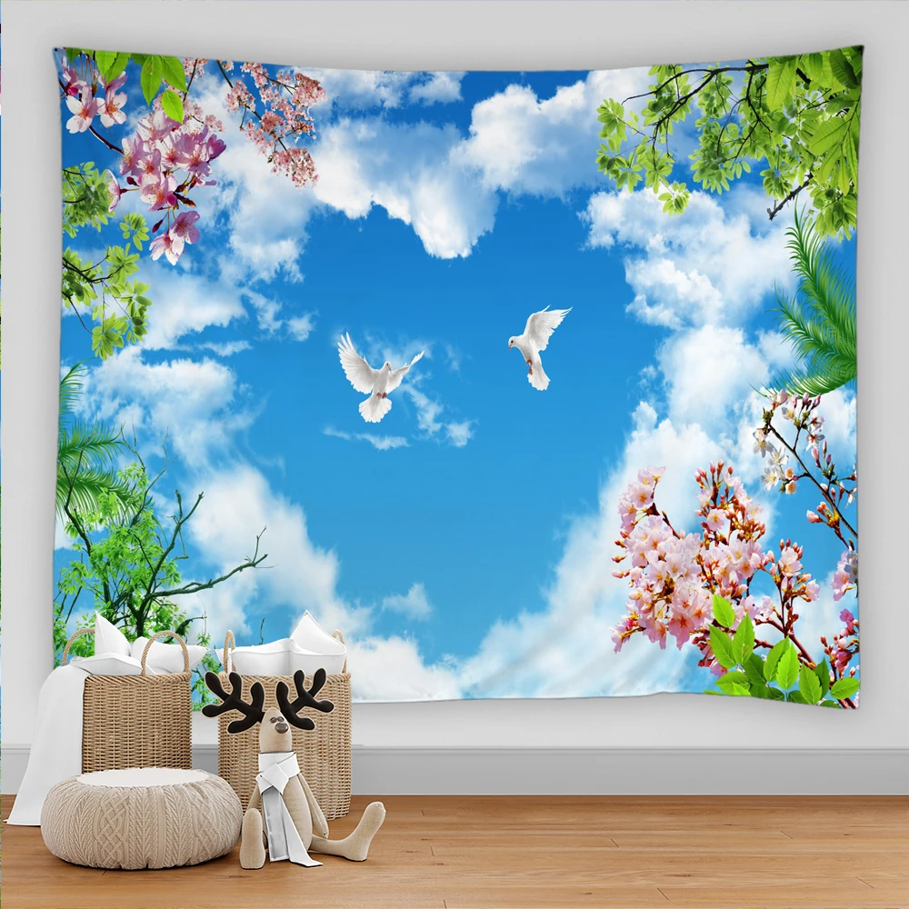 Natural Scenery Tapestry Wall Hanging Sunny Blue Sky Birds Landscape Tapestries Yoga Beach Towel/Mat Bohemian Decor for Home