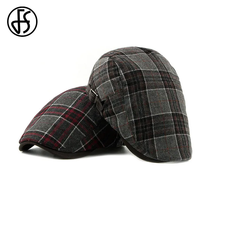 

FS Cotton Plaid Red Beret Hats For Men Women Flat Caps Male Classic British Style Vintage Adjustable Winter Autumn Hat Fashion