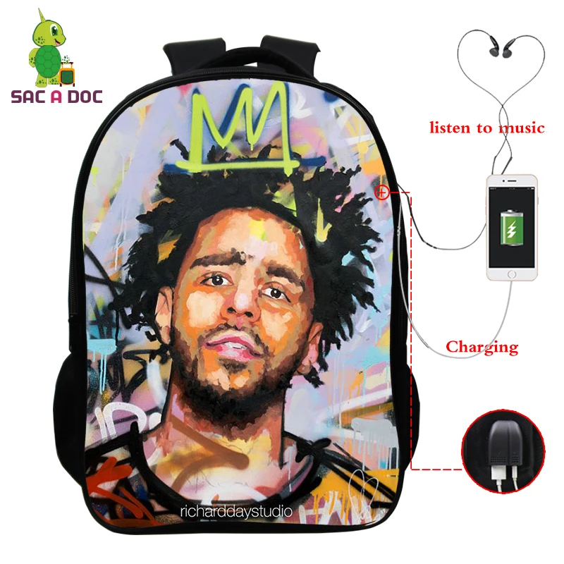 

16 Inch Waterproof Backpack Mochila Hip Hop Rap J Cole Print Boys Travel School Bag Usb Charging Bookbag for Teenage Girls