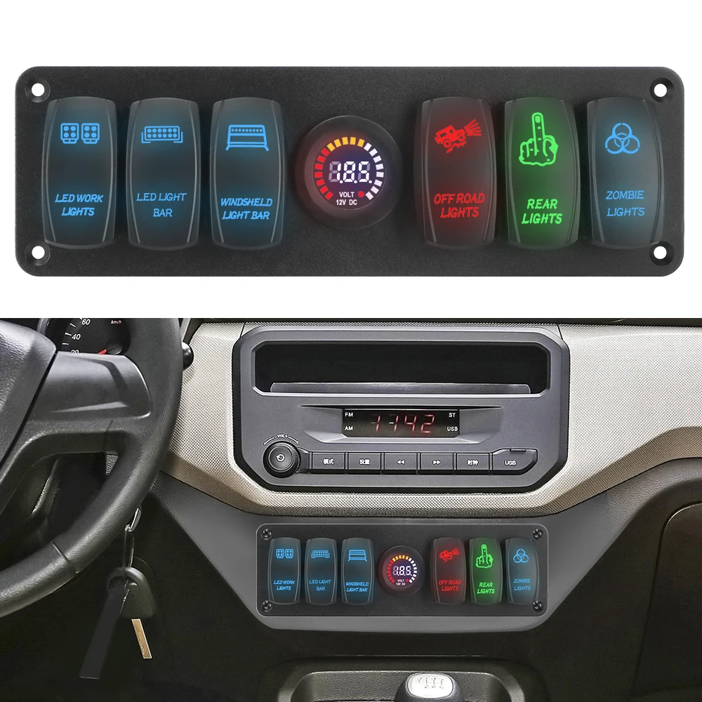 

Waterproof On-Off Colorful Circuit Breaker LED Voltage Display for RV Car Marine 12-24V 6 Gang Rocker Switch Panel