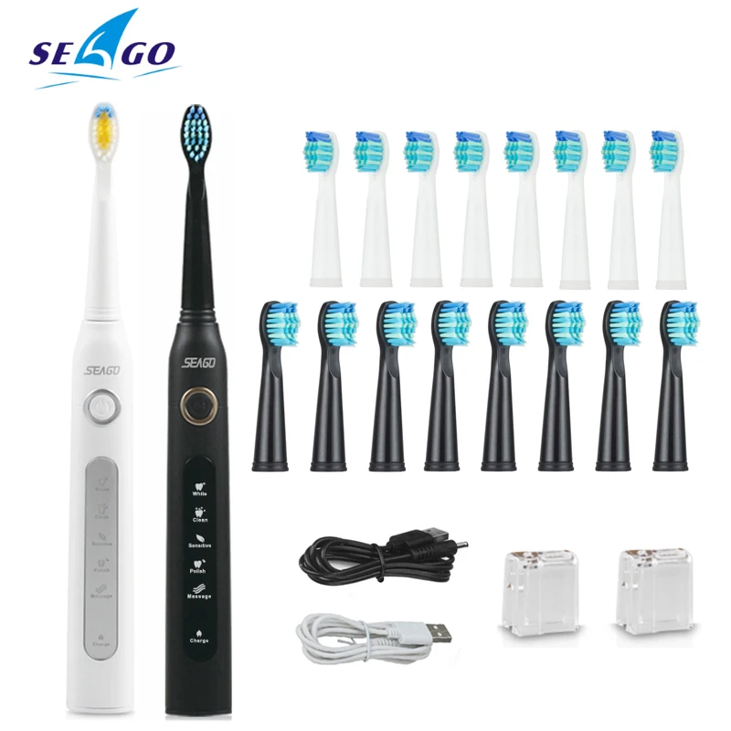 White and White Seago ультра звуковая электрическая зубная щетка sonic Wave чистая USB перезаряжаемая зубная щетка с сменными головками 1 ручка 8 головок - Цвет: White and White