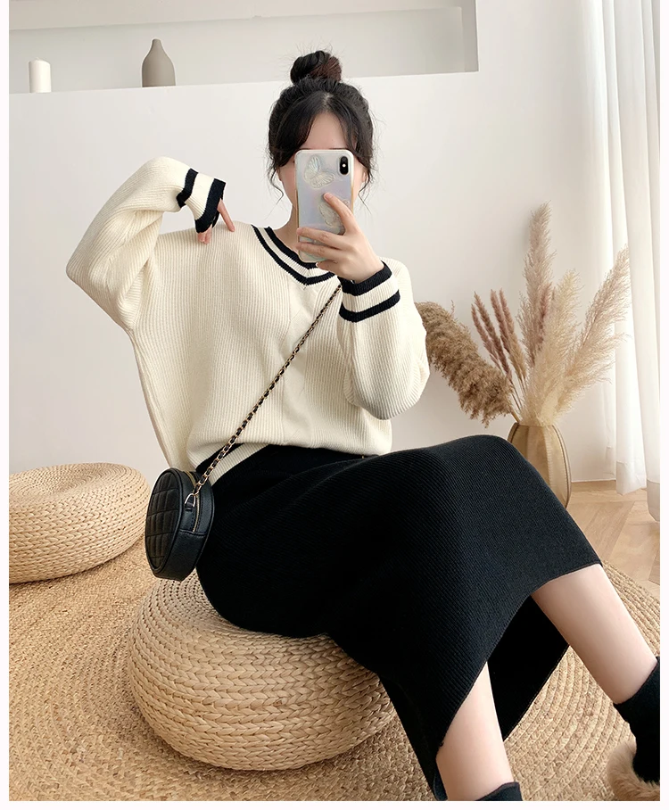 

2020 Autumn Winter Women Knitted Sets Full Sleeve O-Neck Pullovers Sweater Tops + Elastic Midi Skirts 2 Pieces Set S08505K