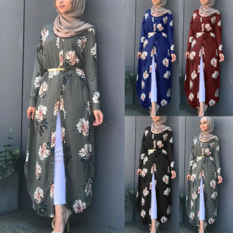 S-5XL женское кимоно с длинным рукавом, Повседневное платье с цветочным поясом, женская одежда в мусульманском стиле