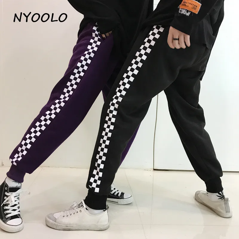 NYOOLO Harajuku уличная одежда в клетку с принтом хип-хоп штаны для бега осень зима эластичный пояс плюс бархатные теплые спортивные штаны для женщин и мужчин