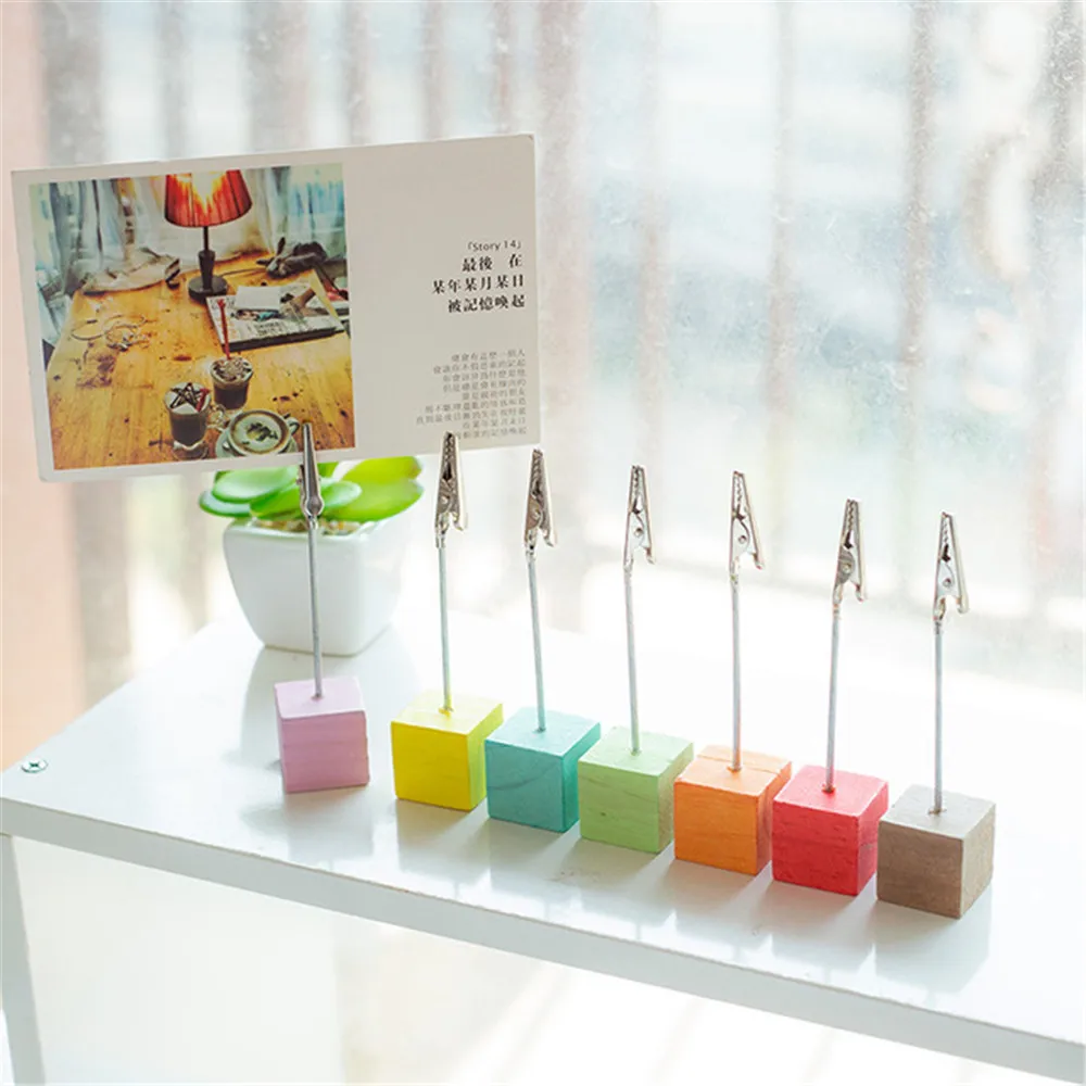 

2pcs Color Wooden Cube Memo Clip Card Holder Iron Photo Postcard Note Clamps Stand Desktop Ornaments Office Desk Organizer