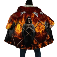 2021 winter mens cloak fire reaper skull tattoo 3d full printing fleece hooded coat unisex casual thick warm cape coat pf49