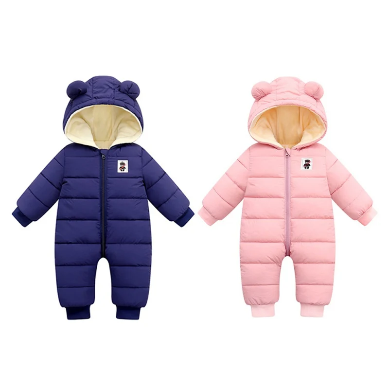 

Casual Baby Girls Jumpsuit Boys Long Sleeve Cartoon Winter Down Cotton Hooded Warm Romper Crawl Newborn Kids Thick Clothes 0-24M