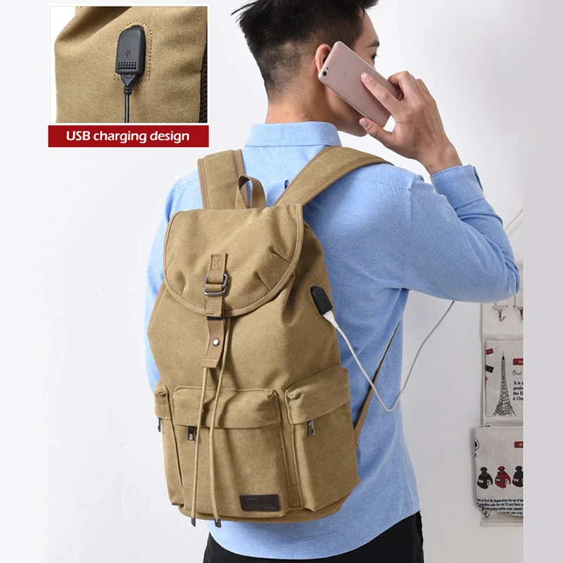 

USB Charger Vintage Travel Climbing Large Capacity Laptop Backpack Canvas Rucksack Hiking Casual Teenagers School Bags XA275Y