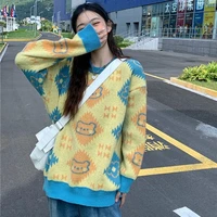 deeptown korean style kawaii cartoon print knitted sweater women harajuku vintage crewneck oversize jumper pullover female tops