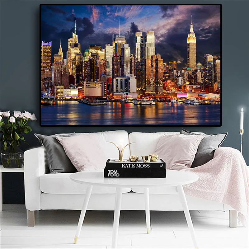 

Modern Wall Art Canvas Painting Posters and Prints Sunset Clouds New York Manhattan Building Living Room Home Decoration Cuadros