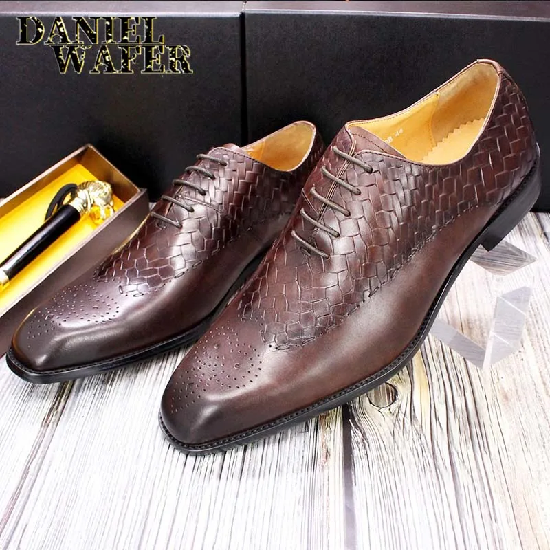

Designer Men's Oxford Brogue Genuine Leather Shoes Black Brown Weave Prints Shoes Lace up Men Dress Wedding Office Formal Shoes