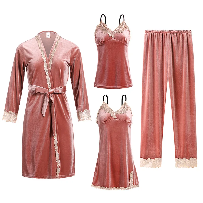 

4 Pieces Women Pajamas Set Warm Sexy Lace Pajamas Winter Nightdress Nightgown Sleepwear New Casual Gold Velvet