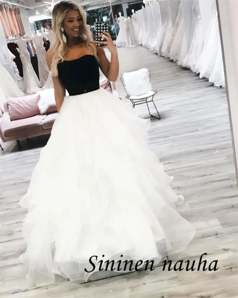 

Elegant Black White Long Evening Dresses for Weddings Tiered Ruffles A Line Prom Formal Dress vestido de fiesta Plus Size 459