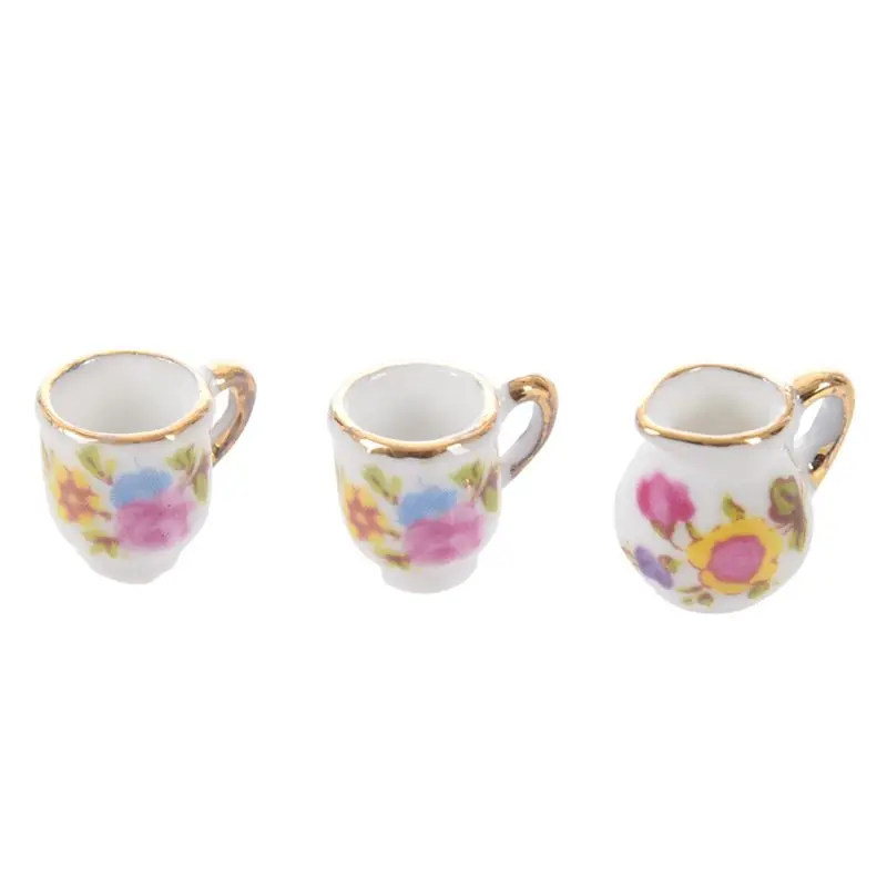 

8pcs Dollhouse Miniature Dining Ware Porcelain Tea Set Dish Cup Plate -Pink Rose