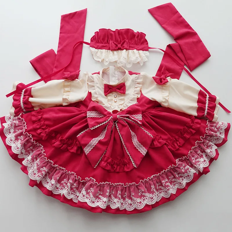 

Boutique Spain Children Spring Lolita Princess Ball Gown Dress Kids Long Sleeve Red Lace Cotton Baptism Dresses